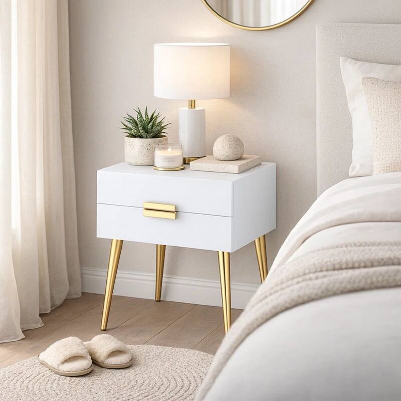 Denvor Square End Table with Drawers, White & Gold