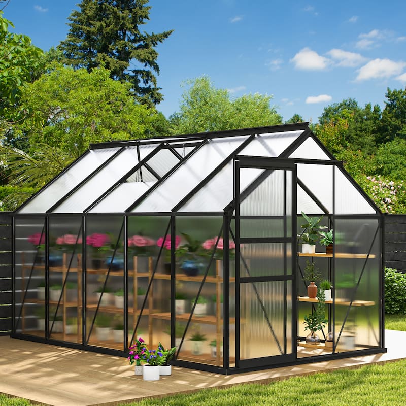 Moasis 6'W X 4/6/8/10/12/16'D Dual-wall PC Walk-in Hobby Greenhouse with Aluminum Frame - 6'W X 10'D Black