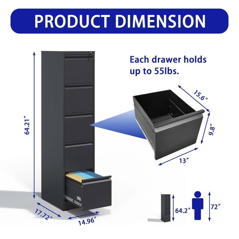 5 Drawer Vertical File Cabinet w/Lock Office Home Steel File Cabinet