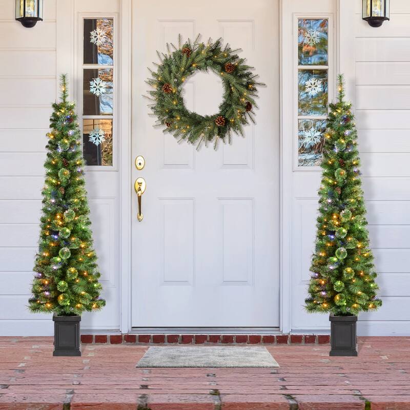 Glitzhome 5ft/6ft/7ft Pre-Lit Green Pine Christmas Potted Porch Tree with LED Lights and Remote Control