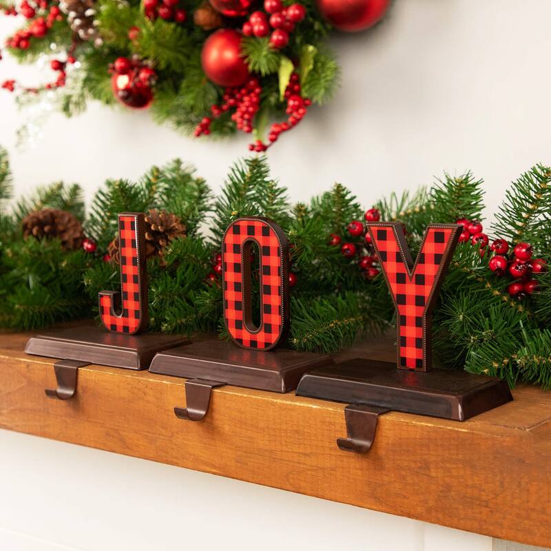 Set of 3 Red Black Buffalo Plaid "JOY" Christmas Stocking Holder 6"
