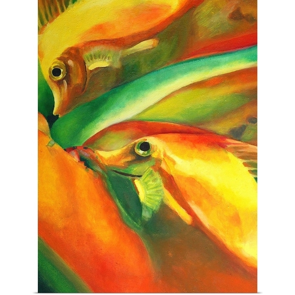 "Oil on canvas painting of fishes in red, green, and yellow" Poster Print