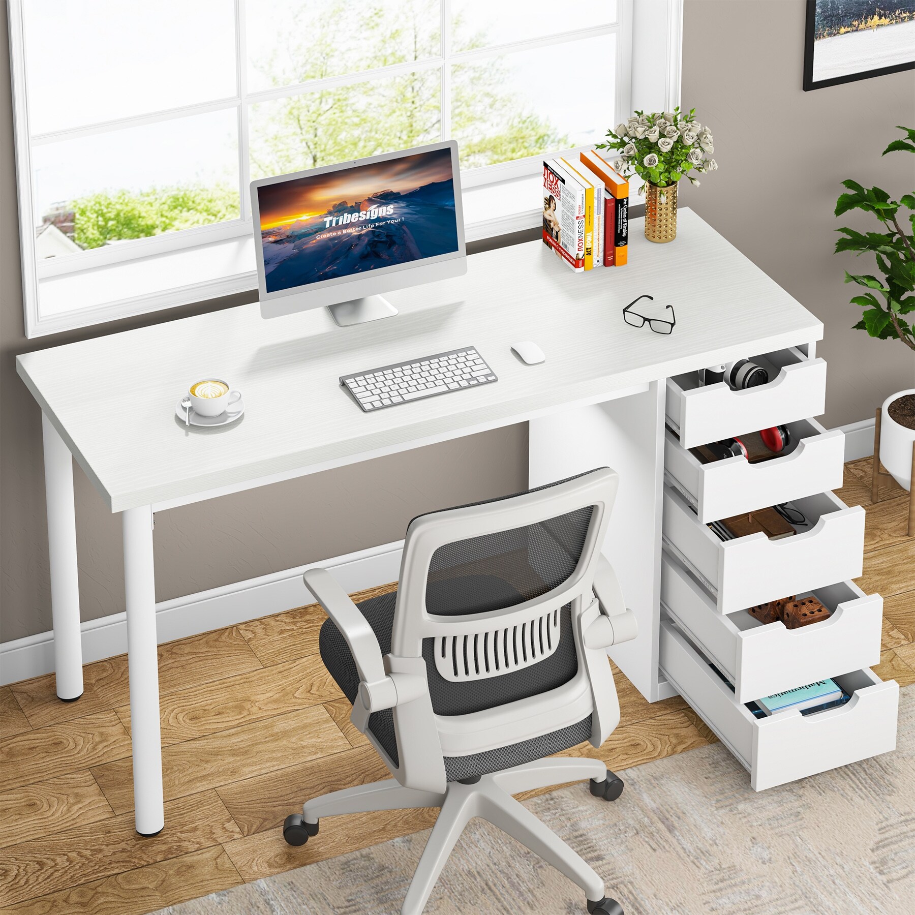 47-inch Computer Desk with 5-drawer, Wood and Metal Writing Desk for Study Living Room