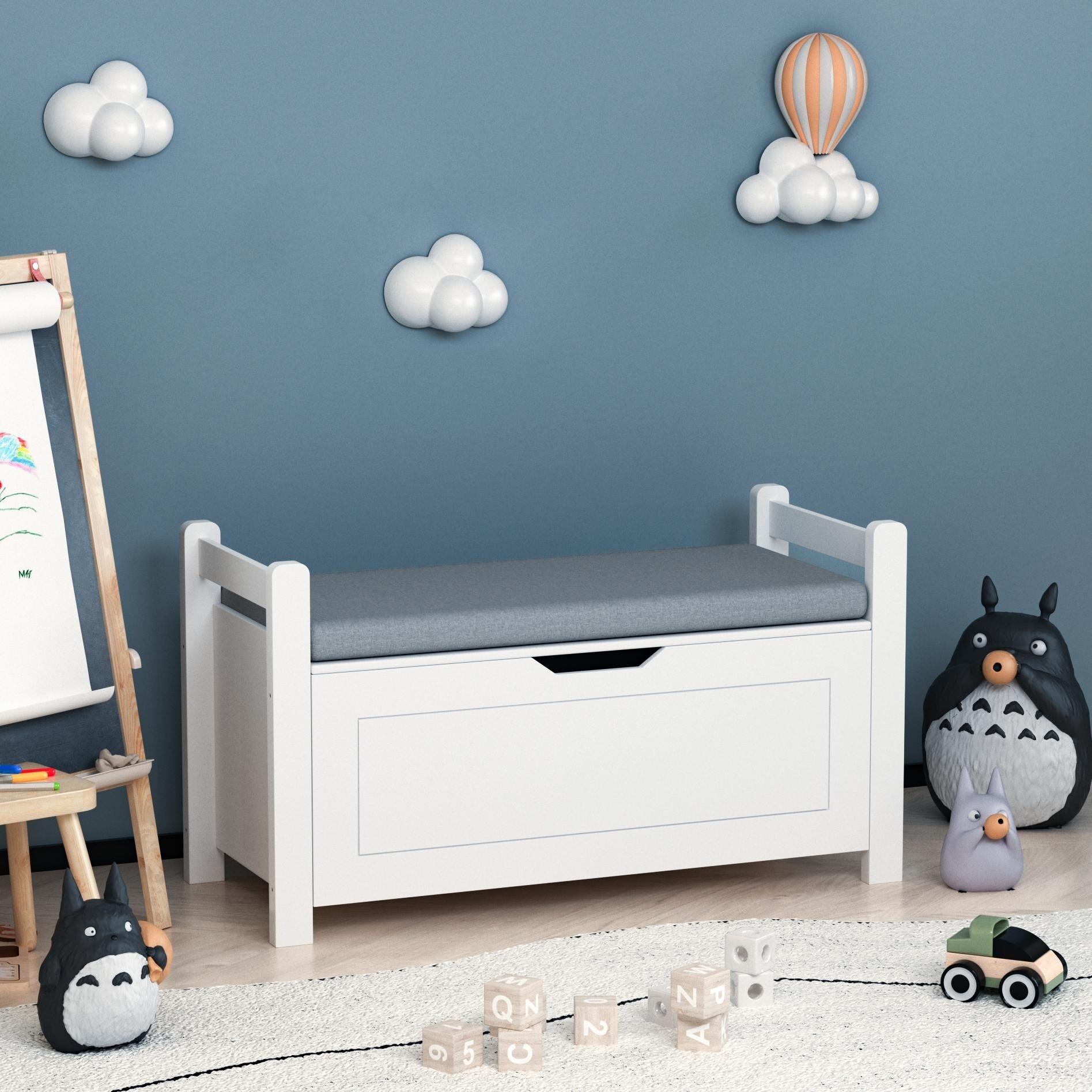Kids Toy Box Chest White Rubber Wood Toy Box for Boys Girls Large Storage Cabinet with Cushion Seat Bench Flip Top Lid Bed Bath Beyond 40247091