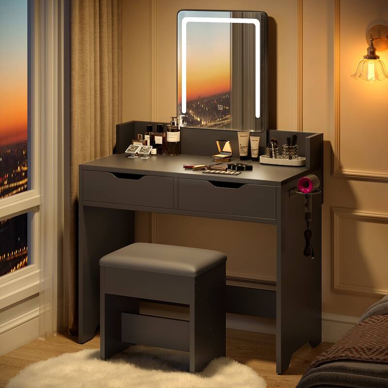 Bestier Vanity Set with Mirror and Lights,Vanity Desk with Drawers,Makeup Table with Light Modes & Hair Dryer Holde