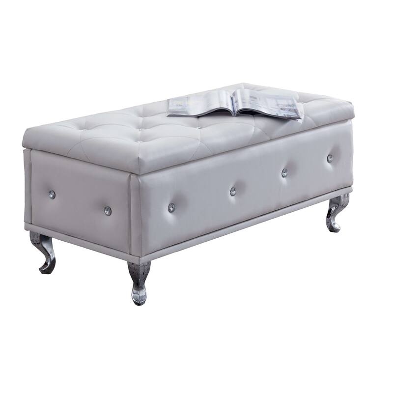 Tufted Design White Upholstered Storage Bench Ottoman