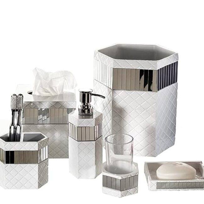 Creative Scents Quilted Mirror White Elegant Bathroom Trash Can