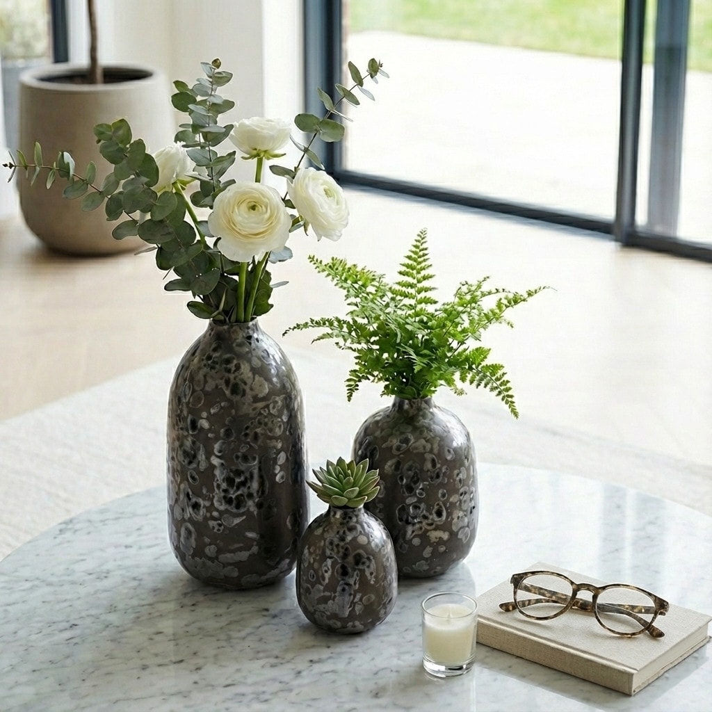 Decorative Vases Set of 3 - Black Ceramic Modern Bud, 4/7/9 in.