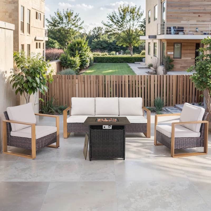 Pocassy Outdoor Fire Pit with 3-Seat Sofa Club Chairs Patio Furniture Set - Brown Wicker Beige Cushion - 4-Piece Sofa Patio Chair with Fire Table