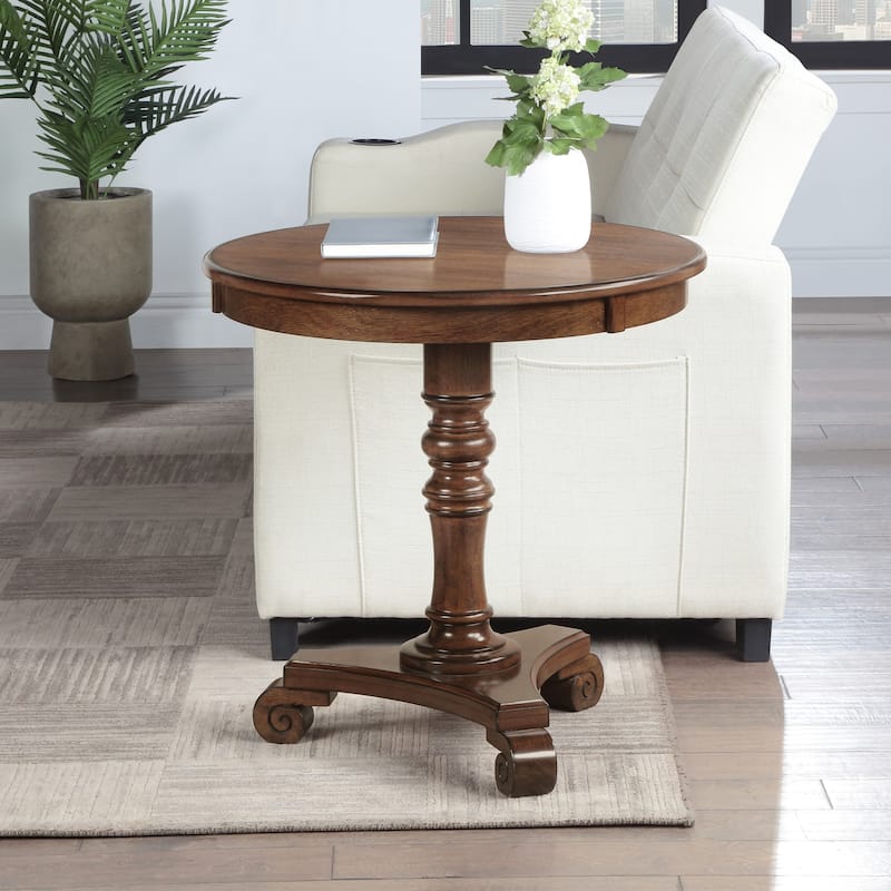 Pedestal End Table Solid Wood Veneer Finish with Turned Body Scroll Feet Traditional Accent Table for Any Room - 25.5