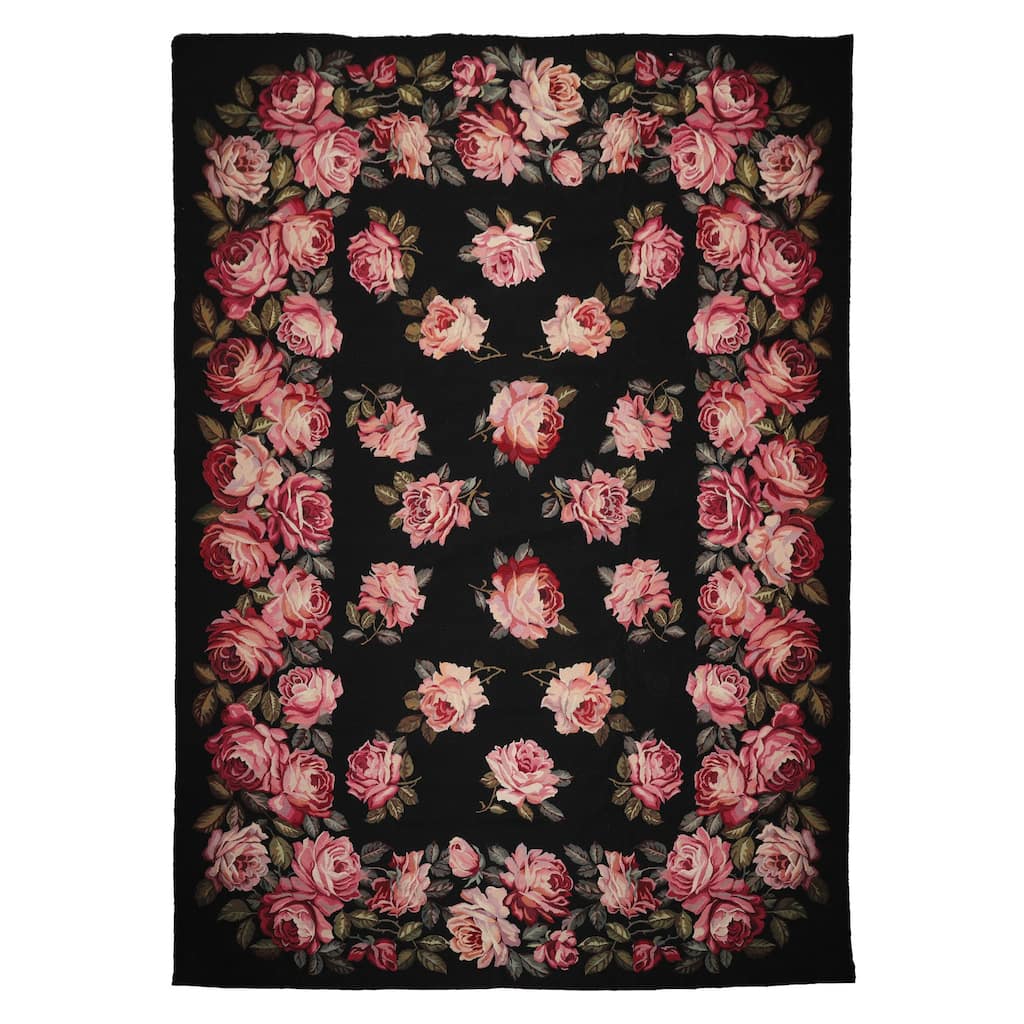 9x12'6'' HandWoven Wool Black French Aubusson Needlepoint European Rug - 9' x 12' 6''