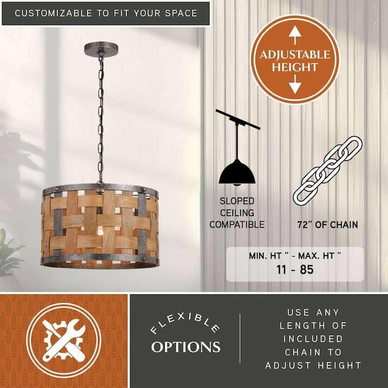 Norwood 1L Gray Industrial Woven Wood Drum Pendant Hanging Ceiling Light - 16-in W x 11-in H x 16-in D