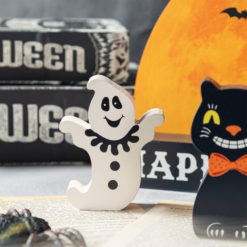 Glitzhome Set of 5 Wooden HAPPY HALLOWEEN Decorative Moon Table Signs with Black Cat, Jack O Lantern, Ghost and Haunted House