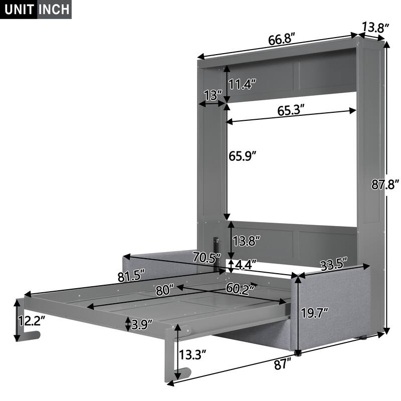 Queen Size Multifunctional Murphy Bed with Cushion and Storage