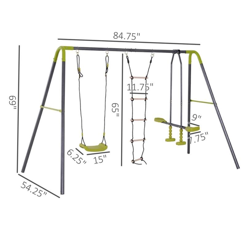 Grey-Green Metal A-Frame Outdoor Swing Set with Glider and Rope Ladder - 84.75"/116.25" L x 54.25" W x 69" H