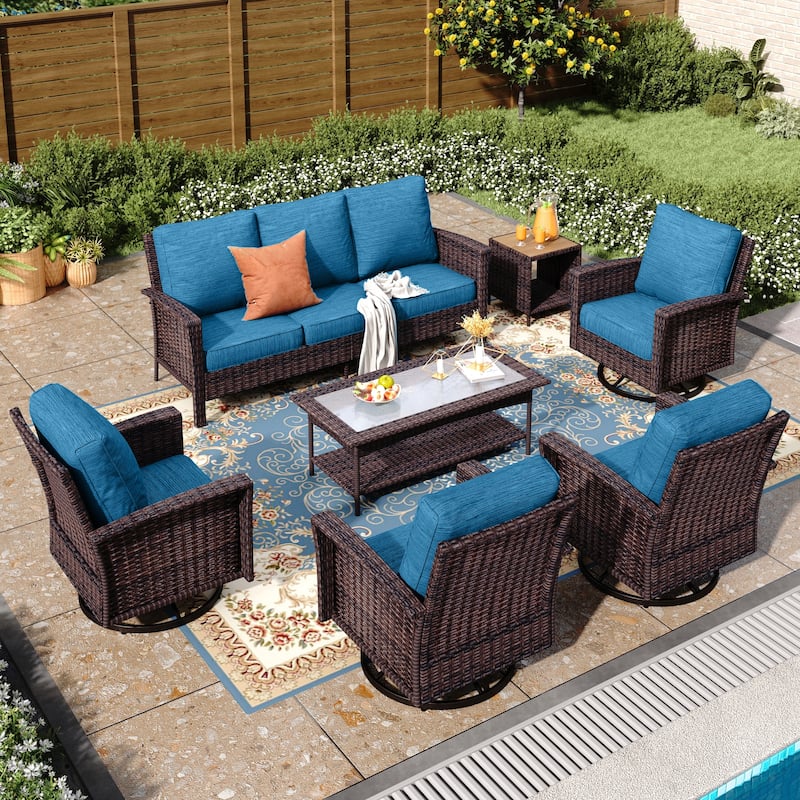 MAISON ARTS 7-Piece Extra-Large Patio Wicker Sofa Conversation Set with Table, Oversize Seat with 5.5'' Thick Padded Cushion - 7 Seats + 47'' Table + 17'' Rattan Table - Navy Blue