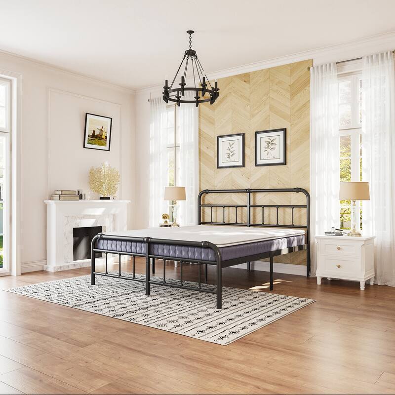 Metal Bed Frame with Victorian Style Wrought Iron-Art Headboard and Footboard