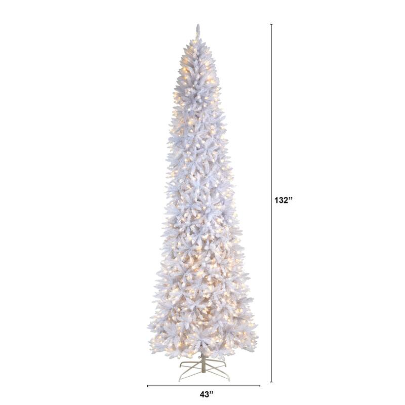 11ft White Christmas Tree Pre-Lit - Slim Artificial Tree with Warm White Lights & Bendable Branches - 132