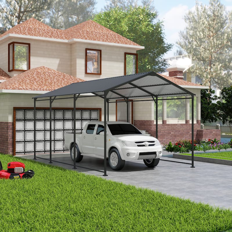 Heavy Duty 10x15 Galvanized Steel Carport Canopy with Corrugated Roof and Weather Protection - 10' × 15' × 8.43'