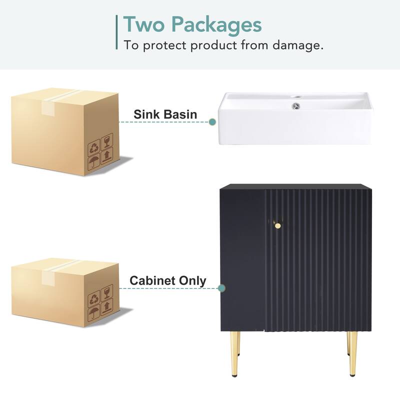 Freestanding Wave-Textured Surface Storage Cabinet Bathroom Vanity with Ceramic Sink, Metal Handle and Left Side Open Storage