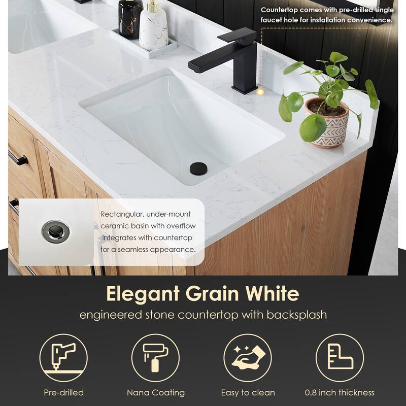 Cicero Single Bathroom Vanity in Light Brown with Grain White Engineered Stone Countertop without Mirror
