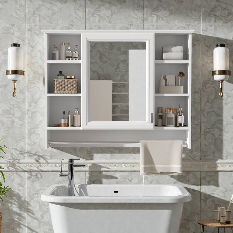 Modern 3 in 1 Bathroom Mirror Medicine Cabinet Wall Mounted, 36 Inch Storage Cabinet with Towel Bar - White