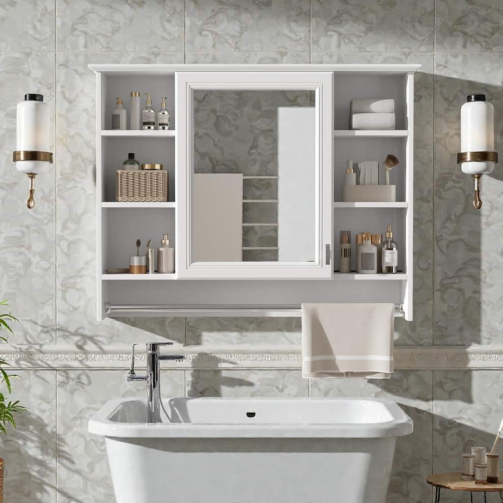 Modern 3 in 1 Bathroom Mirror Medicine Cabinet Wall Mounted, 36 Inch Storage Cabinet with Towel Bar