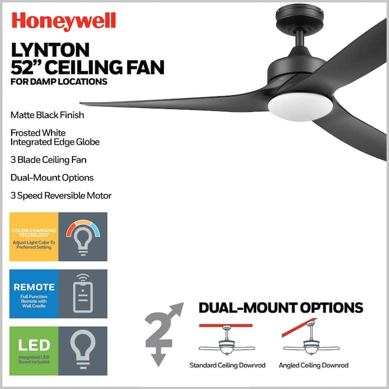 52" Honeywell Lynton Indoor/Outdoor Ceiling Fan with Color Changing LED Light, Remote Control, High Performance Blades