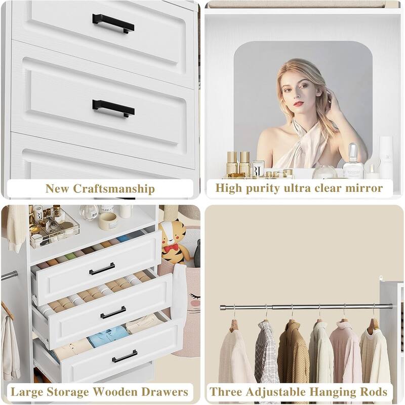 New Style 48"-96” Wide Closet System with Mirror, Sturdy Walk-in Closet Organizer with Drawers and 3 Extendable Hanging Rods