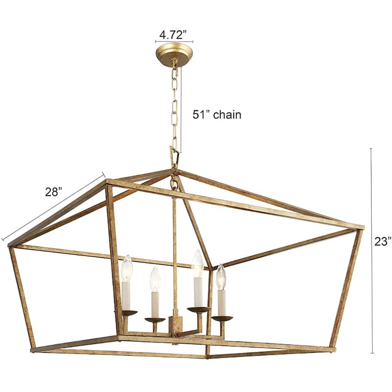 4-Light Gold Lantern, Antique Square Geometric Style Luxury Chandelier
