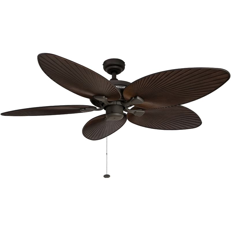 52" Honeywell Palm Island Bronze Indoor/Outdoor Ceiling Fan with No Light, Pull Chain, 5 Palm Leaf Blades
