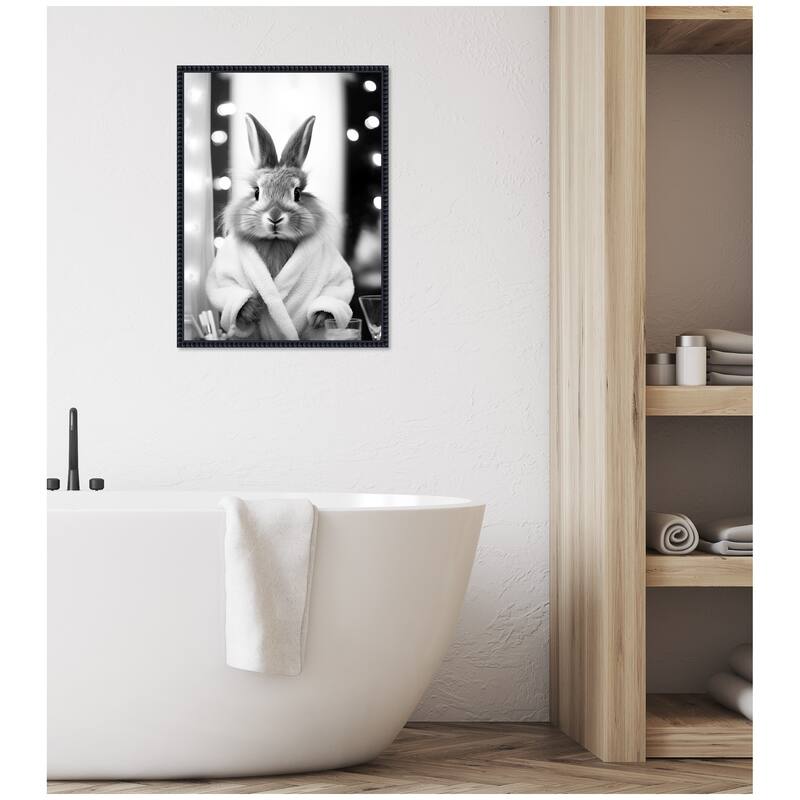 Kate and Laurel Sylvie Bunny Glam Bathroom Art Towel Robe Black and White Framed Canvas by The Creative Bunch Studio