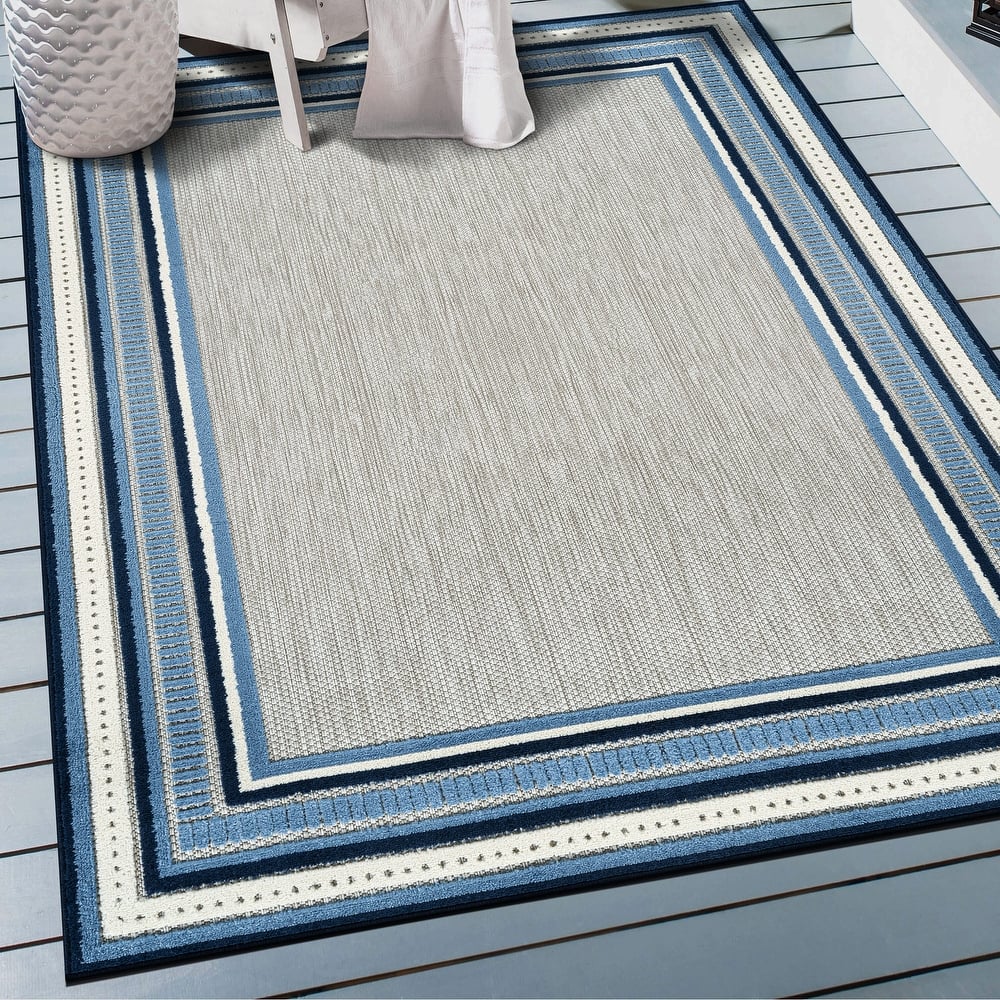World Rug Gallery Indoor/Outdoor High-Low Textured Area Rug, Coastal Border Easy-Clean Patio Rug