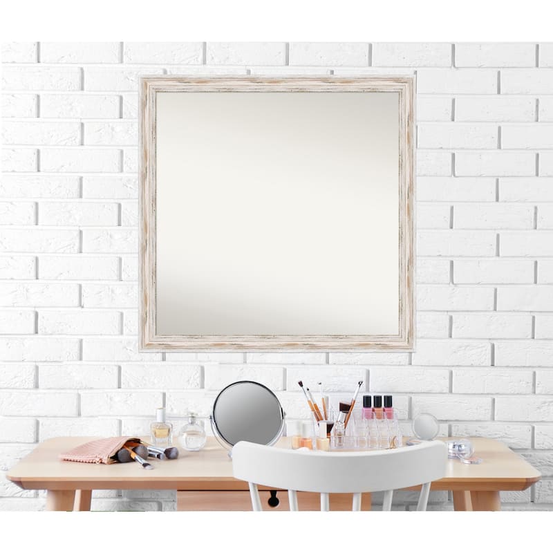 Non-Beveled Wood Bathroom Wall Mirror - Alexandria White Wash Narrow Frame - Alexandria White Wash Narrow