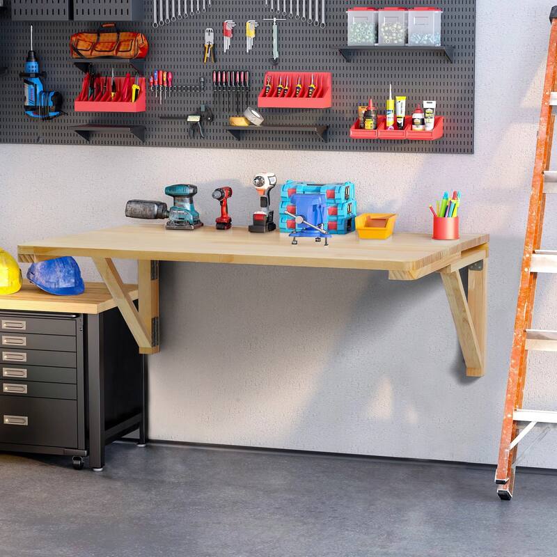 Natural Pine Wall Mounted Folding Table Desk, Space Saving and 100 lbs Load Capacity