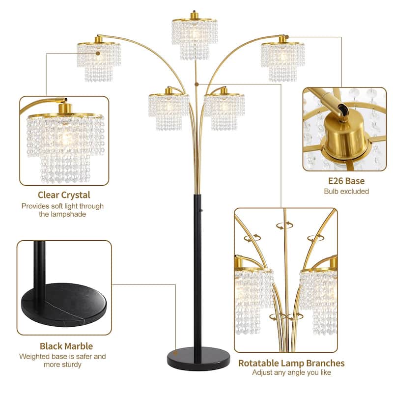 Brio 80" 5-Light Modern Gold Crystal Arc Floor Lamp - 80