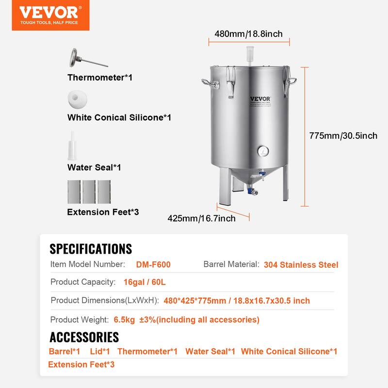 VEVOR 304 Stainless Steel Kettle Beer Brew Fermentor Brew Bucket Fermentor for Brewing