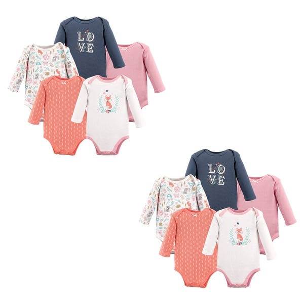 slide 1 of 1, Hudson Baby Infant Girl Cotton Long-Sleeve Bodysuits, Woodland Fox 10-Piece 0-3 Months - Woodland Fox 10-Piece