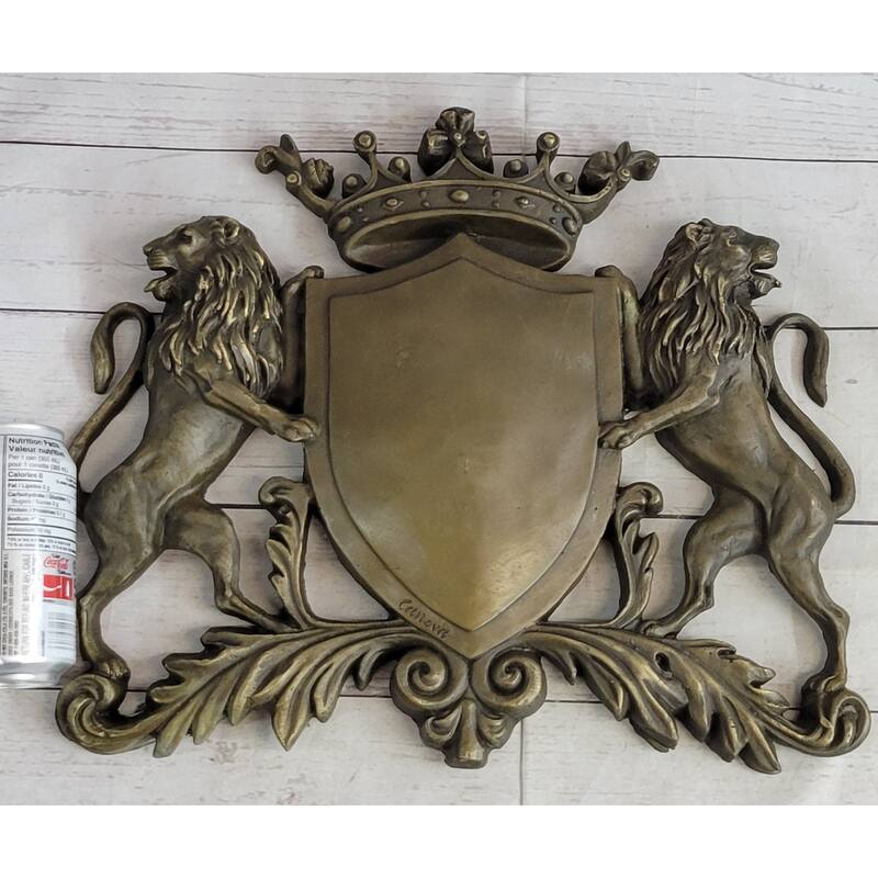 Coat Of Arms Family Crest Lions Crown Bronze Wall Mounted Hanging Sculpture 13 Inches X 16 Inches