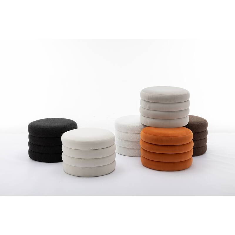 007-Velvet Fabric Storage Round Ottoman Footstool With Wooden Shelving