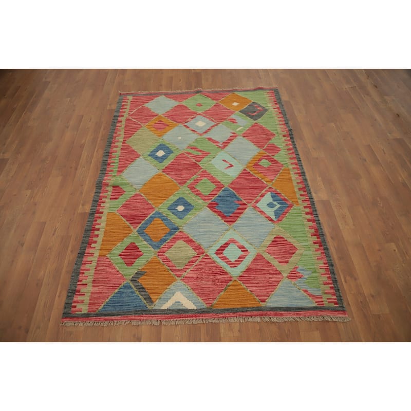 Hand Woven Oriental 100% Wool Carpet Southwestern Tribal Multi-Colored Kilim Area Rug - 5' 11'' X 4' 2''