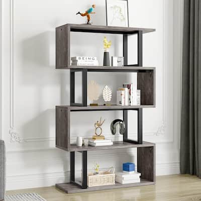 Hermoth Wood 5 Tiers Bookshelf S-Shaped Z-Shelf Style Bookcase Storage Display