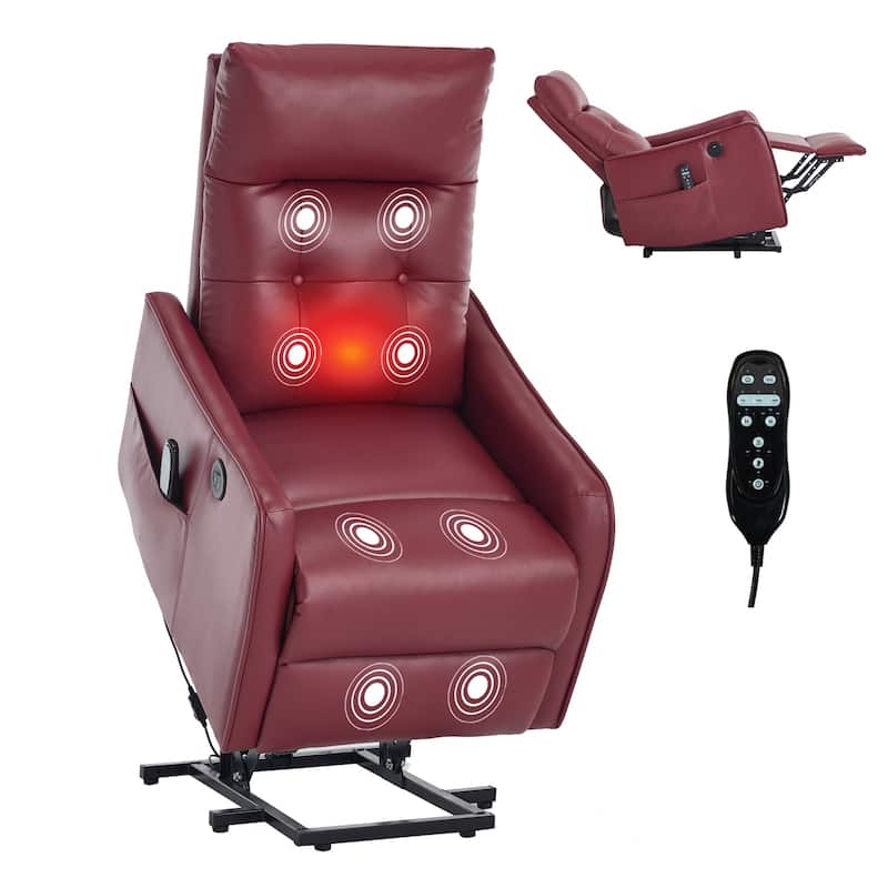 PU Leather Recliner with Single Motor Lift Massage Heat and 155 Degree Recline
