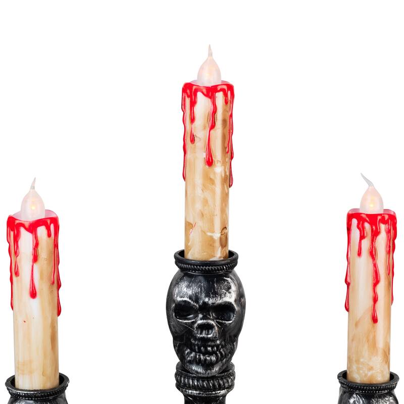 Antique-Style Skull Trio Flickering Halloween Candelabra - 13.75" - Amber Lights