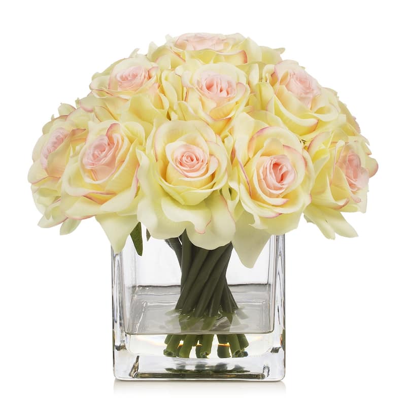 Enova Home Artificial Silk Rose Flowers in Cube Glass Vase with Faux Water for Home Office Decoration - N/A
