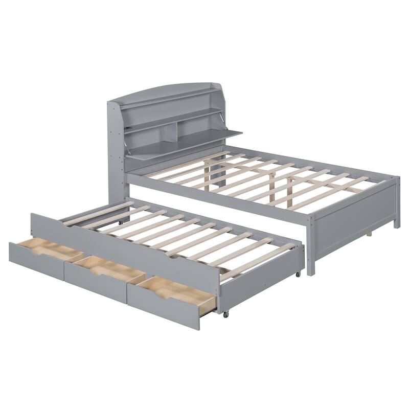 Full Size Wooden LED Platform Bed with Trundle, Storage Headboard, and Drawers in Gray