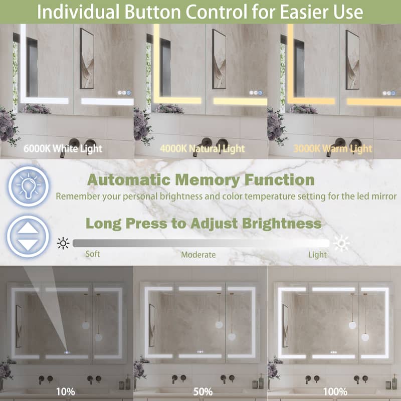 Rectangular Aluminum Recessed/Surface Mount Frameless Anti-Fog Medicine Cabinet with Dimmable LED Lights