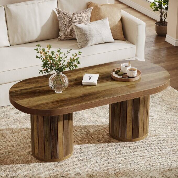 47" Wooden Oval Coffee Table With Slatted Cylindrical Legs - Brown