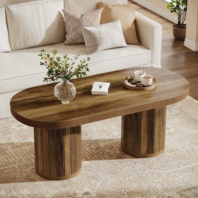 47" Wooden Oval Coffee Table With Slatted Cylindrical Legs