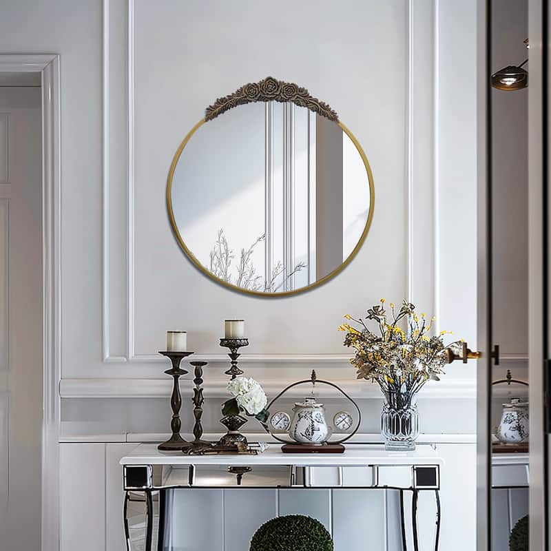 Traditional Round Mirror Antique Gold, Baroque Inspired Wall Decor - 24" W x 24.8" H - Antique Gold